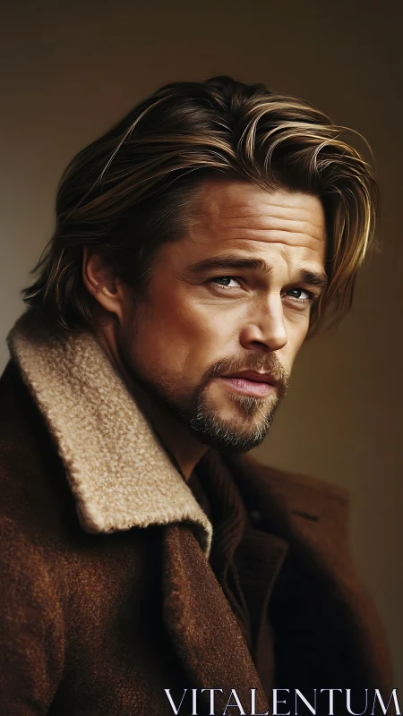 Brooding man in brown coat gazes with quiet intensity.