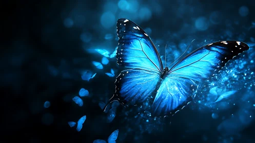 Luminous blue butterfly glows over dark sparkling bokeh field