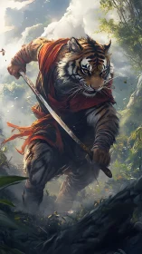 Armed anthropomorphic tiger warrior advances through misted jungle