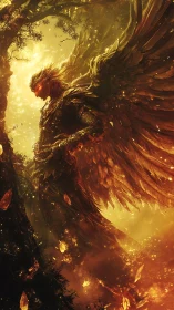 Flaming celestial guardian descends in molten golden light.