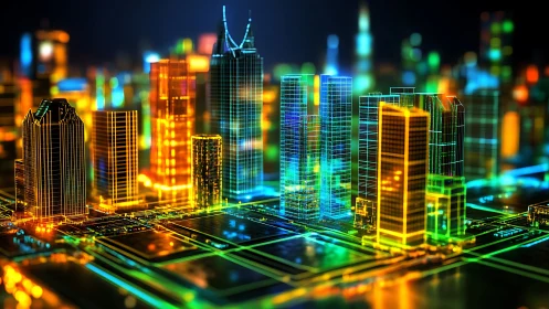 Neon wireframe skyscraper grid maps digital circuit city.