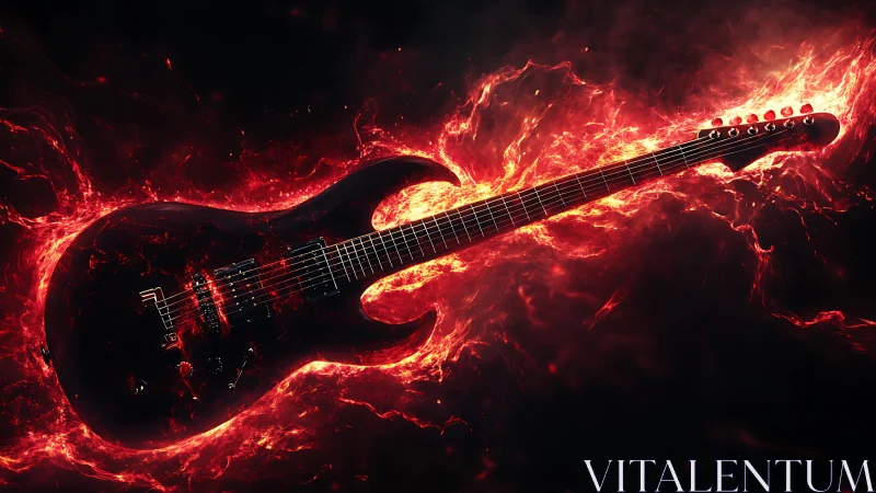 Electric guitar forged in blazing red inferno firestorm.