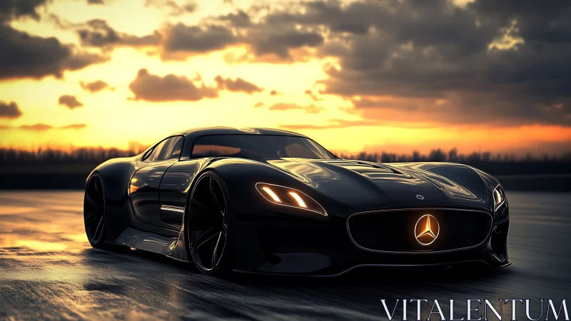 Sleek black sports car glides across a glowing sunset track