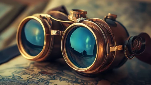 Steampunk brass goggles on vintage navigation chart, close-up focus.