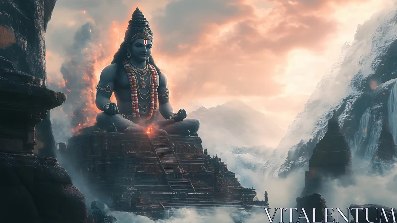 Colossal mountain deity statue dominates misty temple valley.