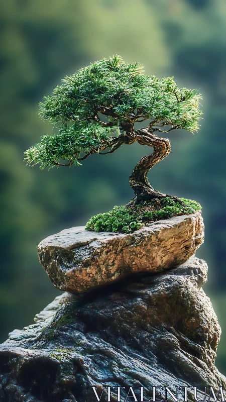 Bonsai tree on layered rocks against blurred green background.