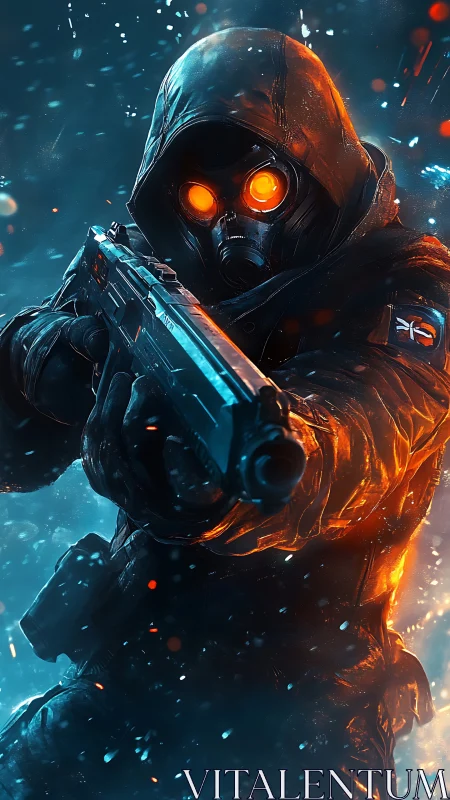 Hooded cybernetic marksman aims rifle amid bicolor particle storm