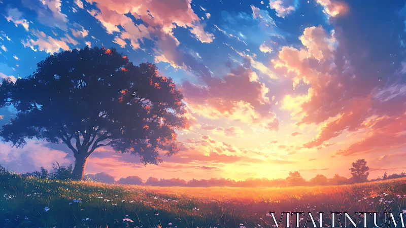Radiant meadow sunset under solitary silhouetted tree.