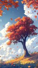 Autumn hillside tree rendered in high-contrast digital painting light