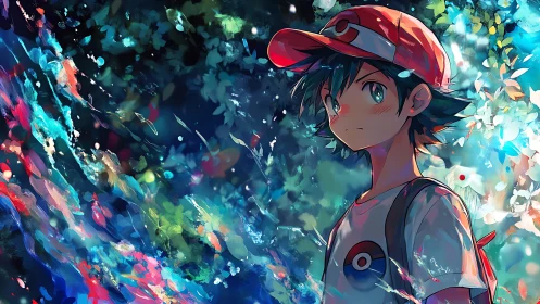 Anime boy in red cap amid abstract luminous color field