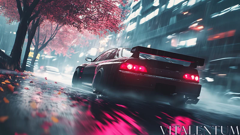 Sporty night drive under neon rain and glowing pink trees.
