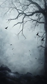 Bare winter tree and circling crows emerge in misty monochrome sky