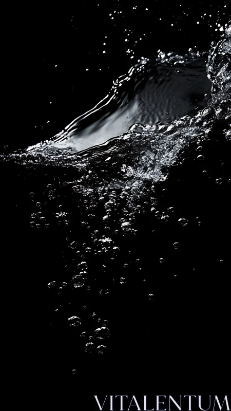 Clear water splash and bubbles on deep black background.