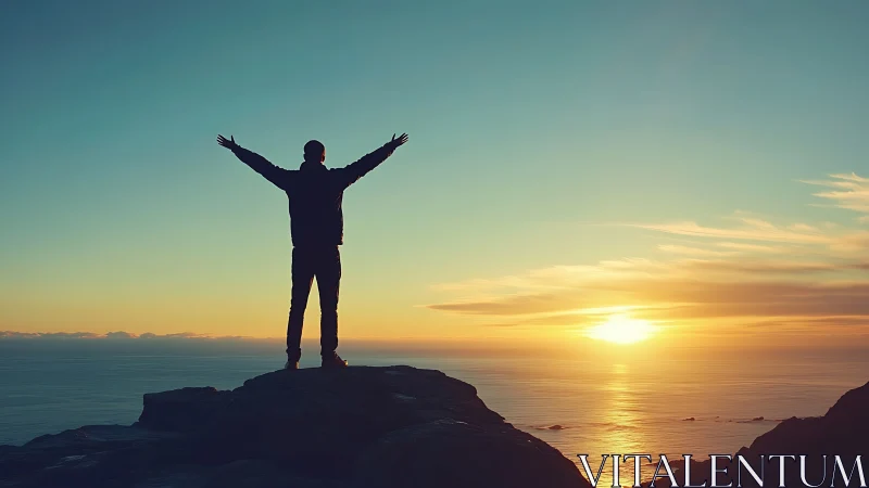 Sunrise triumph silhouette on coastal cliff horizon.