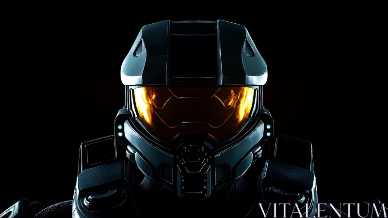 Stoic sci fi warrior in glowing armor against deep black.