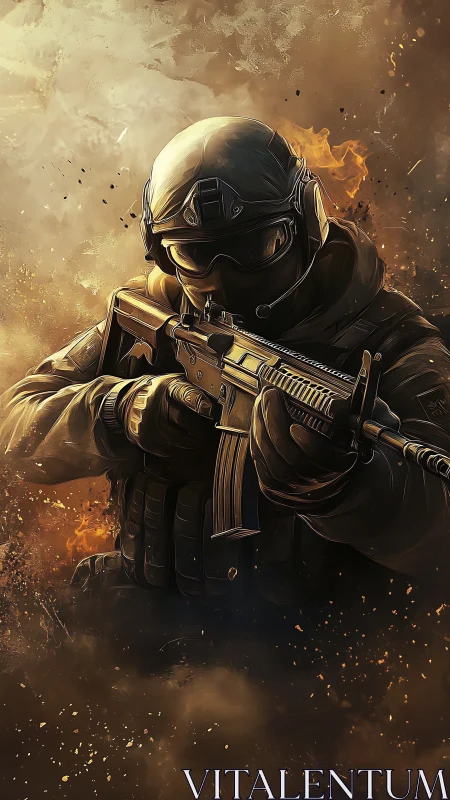 Tactical soldier grips assault rifle amid burning debris storm