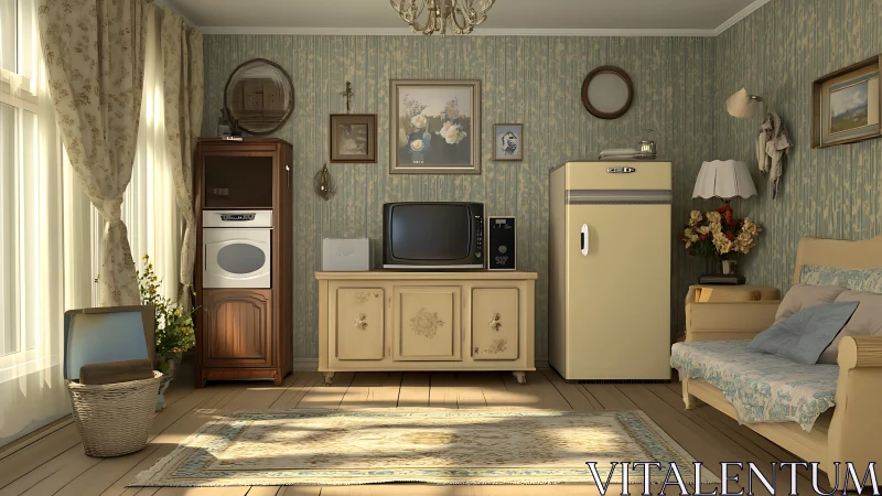 Retro living room scene blends vintage decor and warm light.