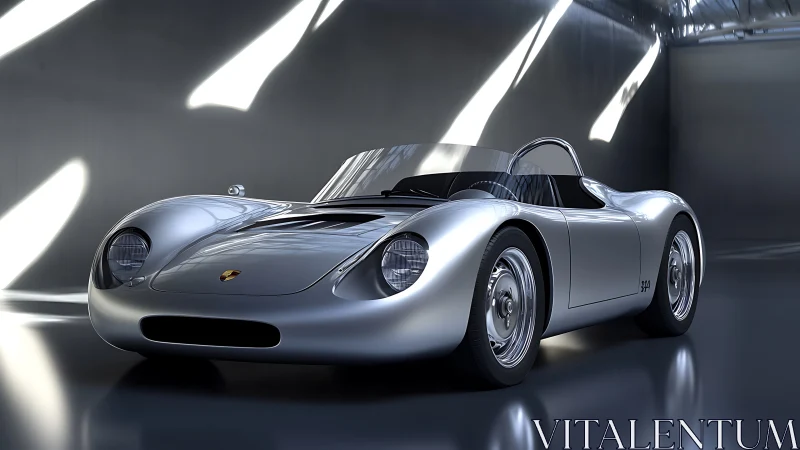 3D-rendered classic roadster in reflective studio environment.