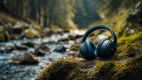 Wireless headphones resting on moss beside forest stream.