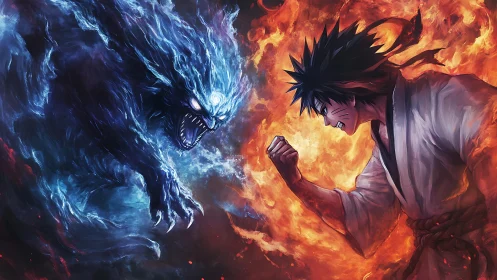 Human combatant facing blue beast amid fire and energy.
