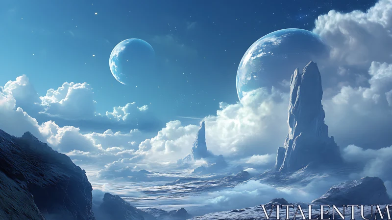 Frozen alien landscape under twin luminous planets