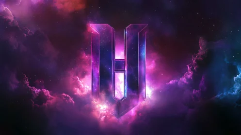 Neon monolithic letterform in cosmic nebula composition.