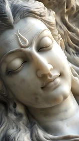 Marble deity portrait in close-up, high-relief sculptural detail.