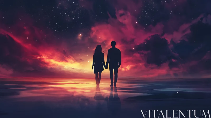Two silhouettes hold hands beneath cosmic fire sky