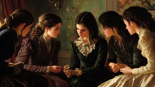 Five Young Women in Victorian Dresses Gathered Indoors, Realistic Style.