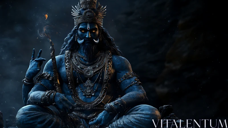 Midnight blue deity in calm, ember-lit meditation.