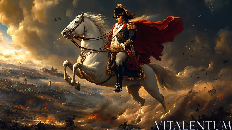 Military commander on white horse leads charge through battlefield