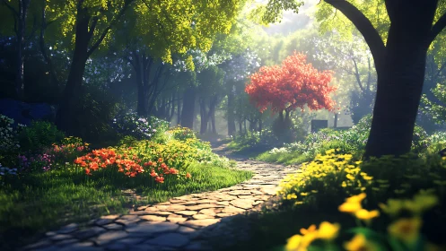 Sunlit forest path winding through bright garden blooms.