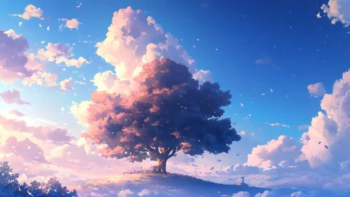 Solitary blossom tree glows gently beneath a dreamy sky