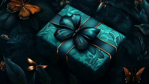 Midnight gift wrapped in teal wings and golden whispers.