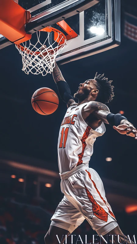 Basketball player executing dunk under indoor arena hoop.