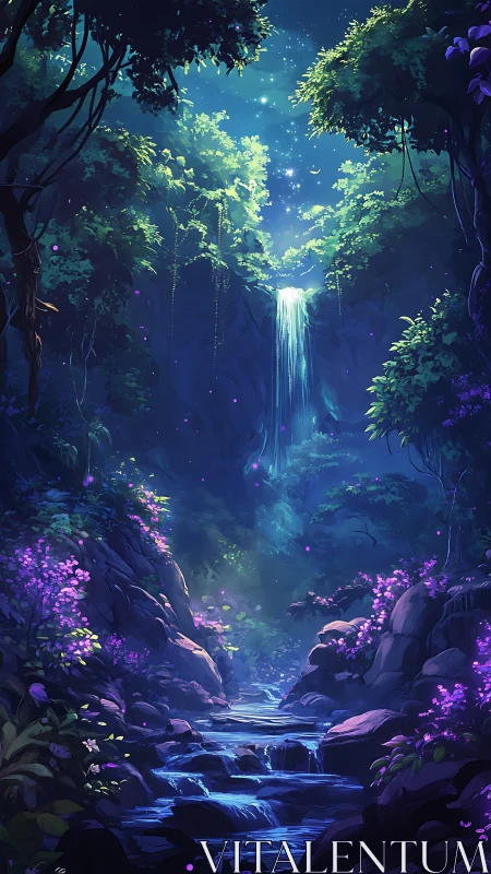 Enchanted moonlit waterfall cascades through glowing forest.