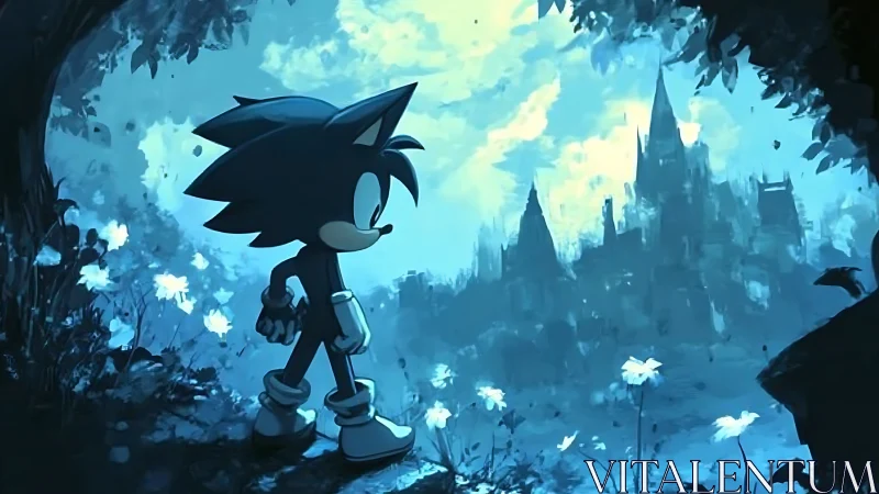 Blue hedgehog silhouette overlooking distant gothic castle at dusk