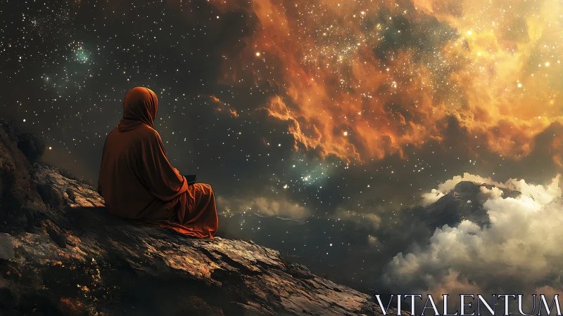 Solitary robed figure contemplates a blazing cosmic sky.
