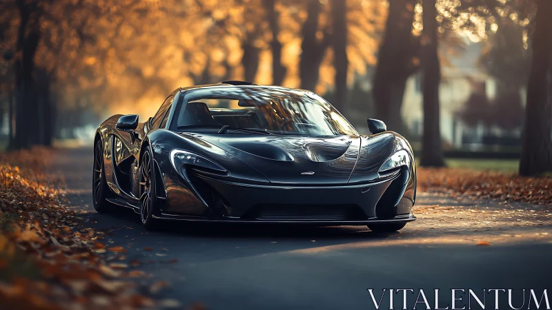 Carbon black hypercar under autumnal bokeh tree canopy.