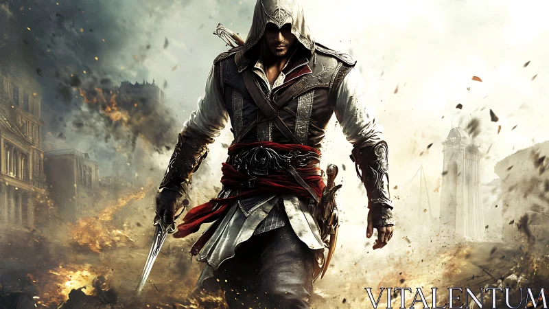 Hooded warrior strides through burning war-torn city ruins