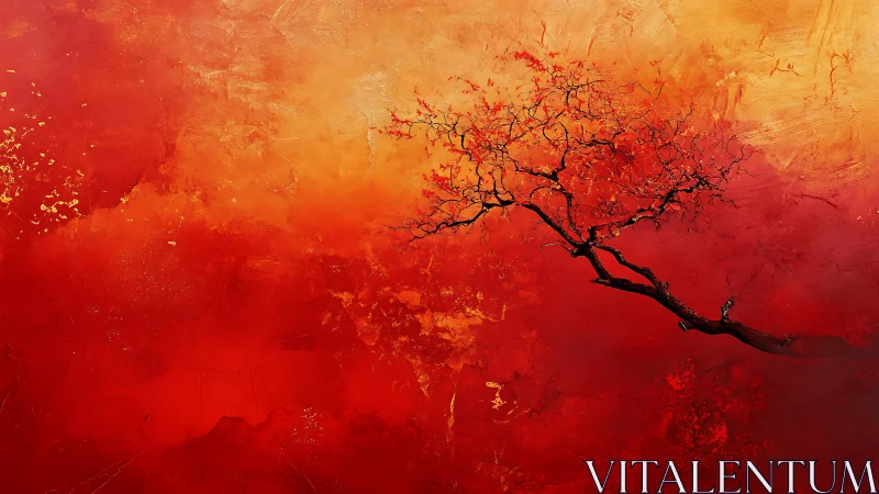 Abstract red and orange tree painting with bold textured background.