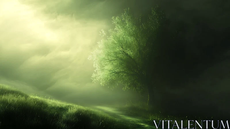 Solitary green tree on misty path in diffuse backlight.