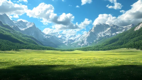Mountain valley landscape with grassland under clear sky.
