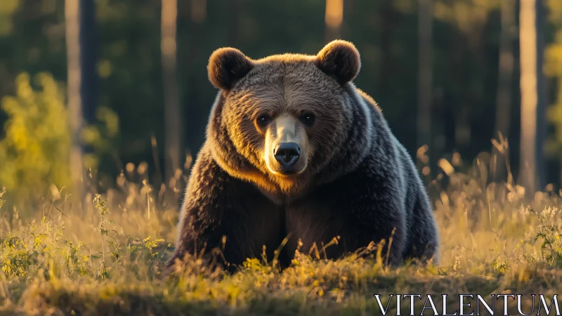 Golden-hour forest bear resting in soft evening light.