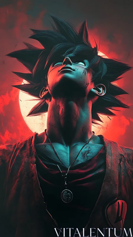 Saiyan warrior ascends beneath a blazing crimson moon