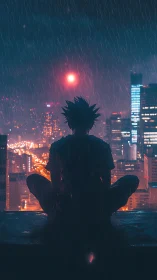 Silhouetted lone figure meditates over neon city in rain