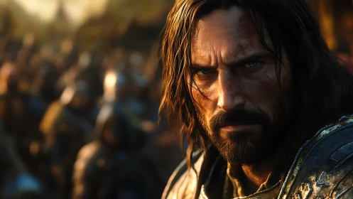 Weathered warrior’s resolve before the clash of destiny.