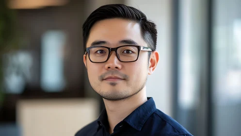 Professional portrait with soft bokeh office background.