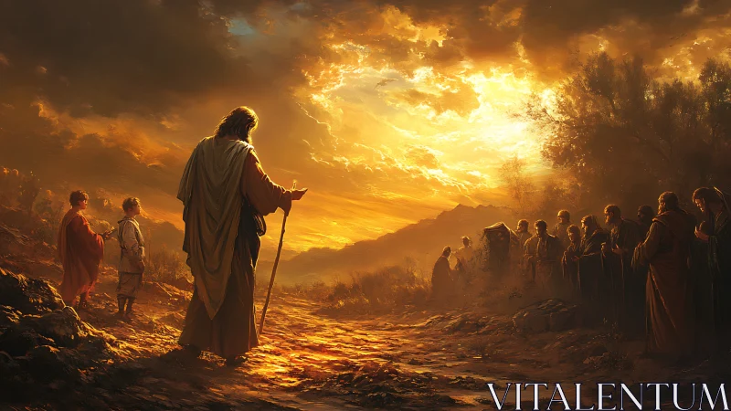 Digital biblical procession under blazing golden sunset sky.