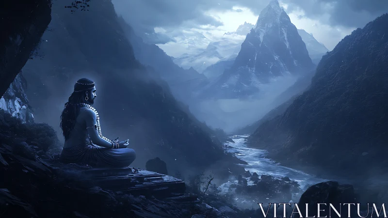 Mystic yogi in moonlit Himalayan valley with misty river.